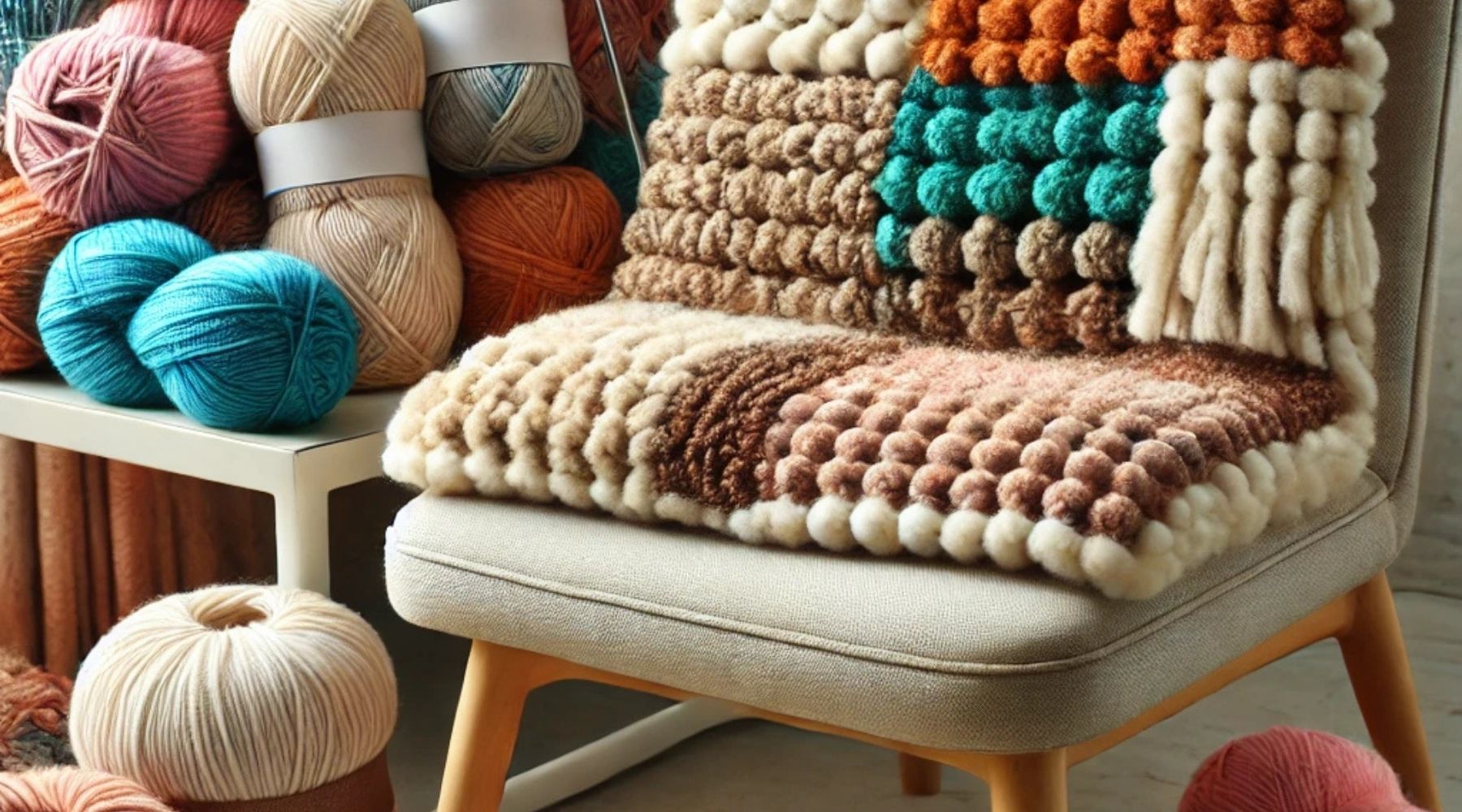 Textured cushion with yarn balls in warm tones for knitting projects.