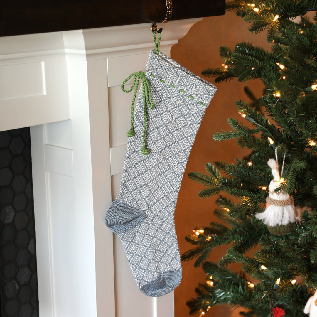 Darn Good Yarn: Grey Patterned Stocking with Green Bow, Stocking