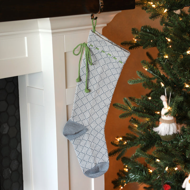 Darn Good Yarn: Grey Patterned Stocking with Green Bow, Stocking