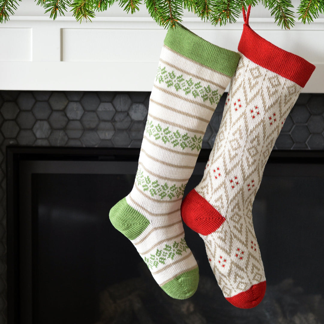 Darn Good Yarn: Ecru Patterned Stocking with Green, Stocking