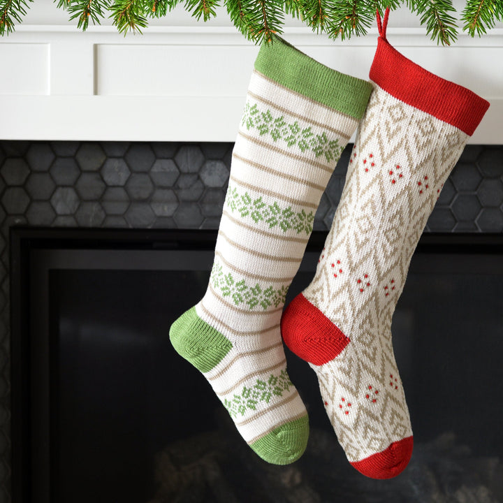 Darn Good Yarn: Ecru Patterned Stocking with Green, Stocking