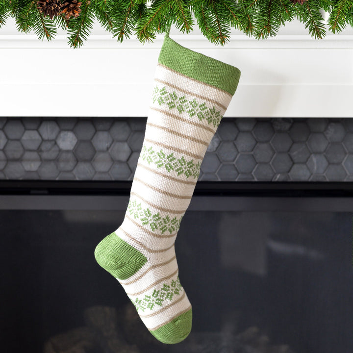 Darn Good Yarn: Ecru Patterned Stocking with Green, Stocking