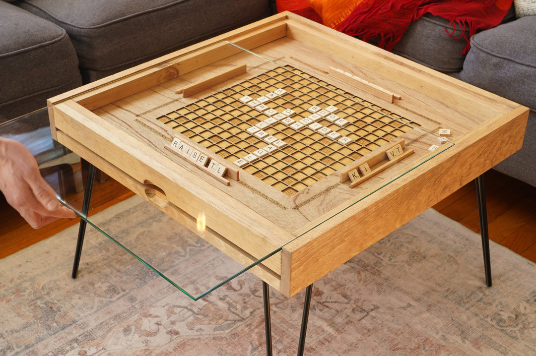 Darn Good Yarn: Rustic Scrabble Coffee Table with removable top - letter tiles included, 