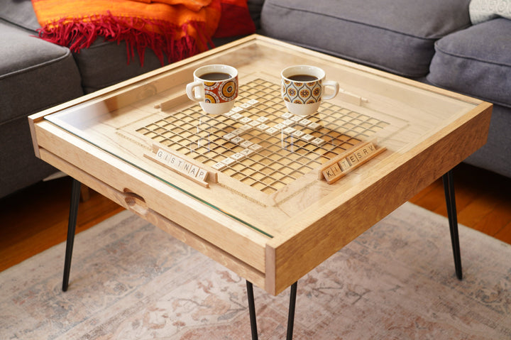 Darn Good Yarn: Rustic Scrabble Coffee Table with removable top - letter tiles included, 