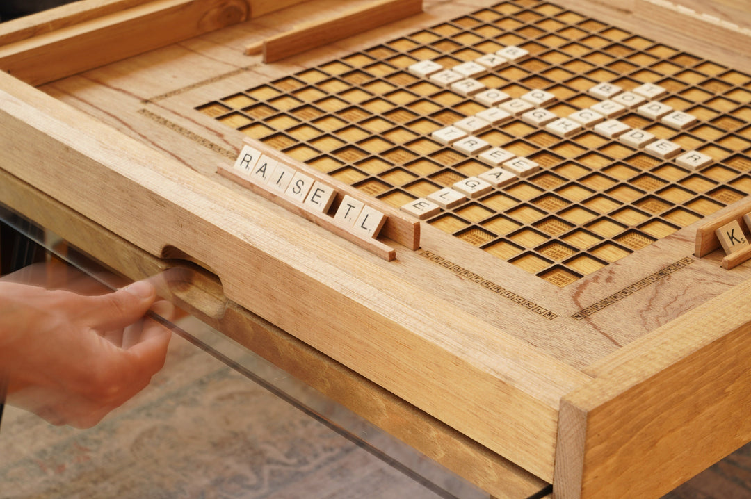 Darn Good Yarn: Rustic Scrabble Coffee Table with removable top - letter tiles included, 