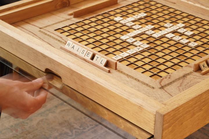 Darn Good Yarn: Rustic Scrabble Coffee Table with removable top - letter tiles included, 