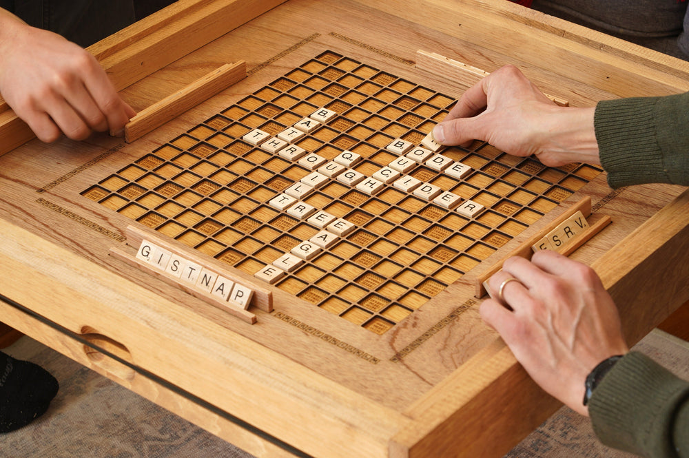 Darn Good Yarn: Rustic Scrabble Coffee Table with removable top - letter tiles included, 