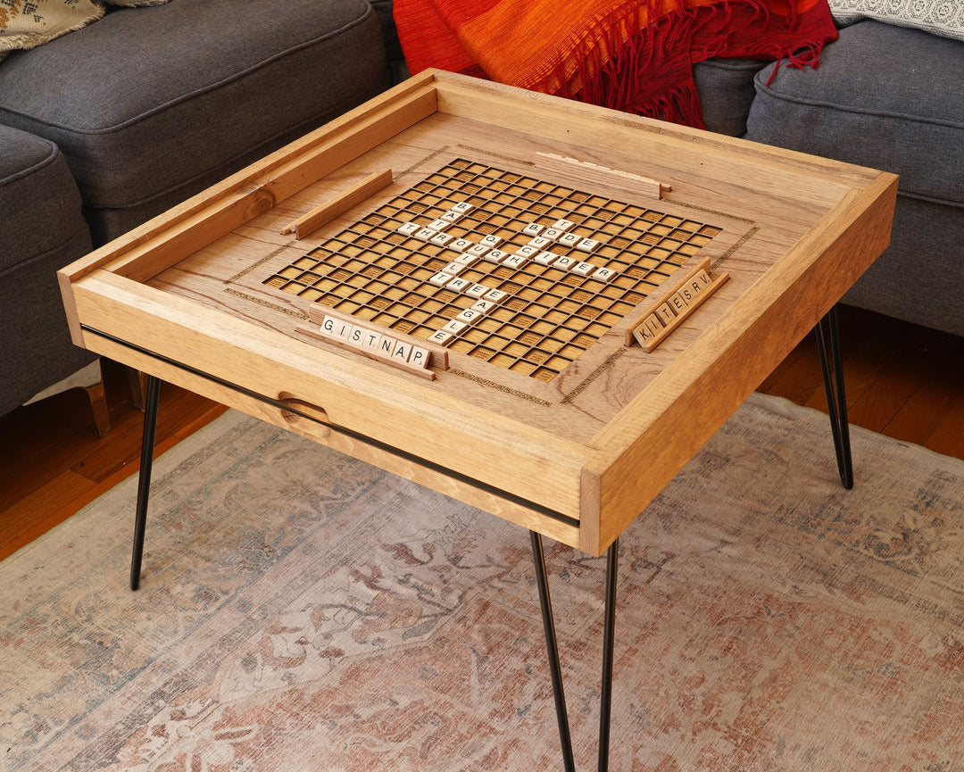 Darn Good Yarn: Rustic Scrabble Coffee Table with removable top - letter tiles included, 