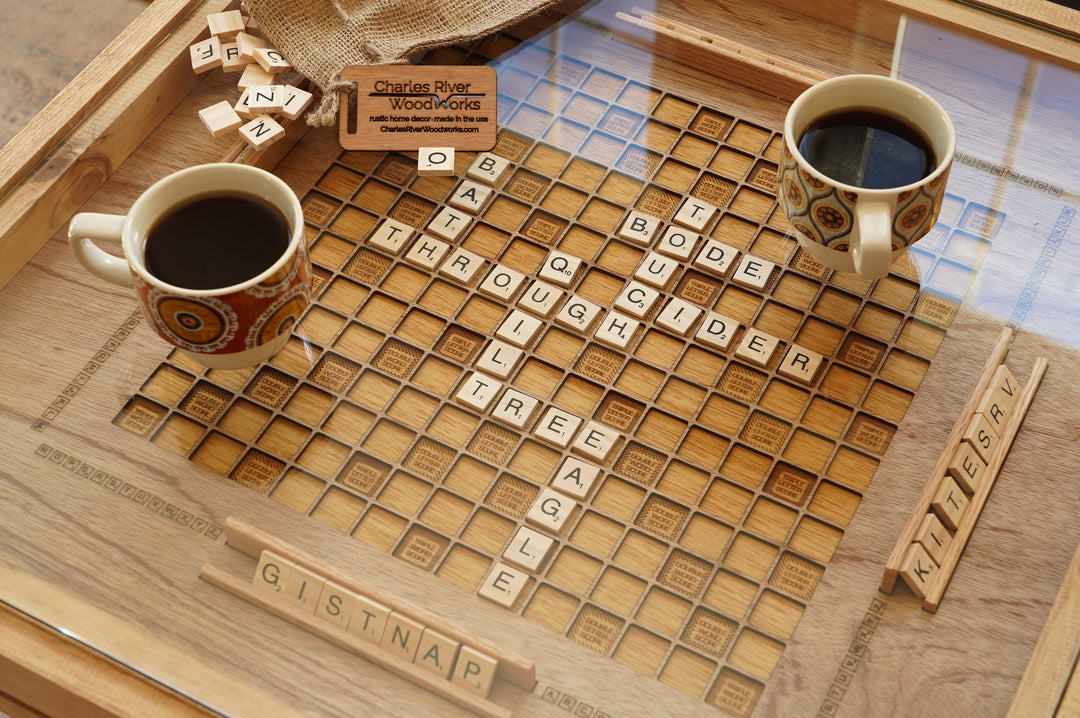 Darn Good Yarn: Rustic Scrabble Coffee Table with removable top - letter tiles included, 
