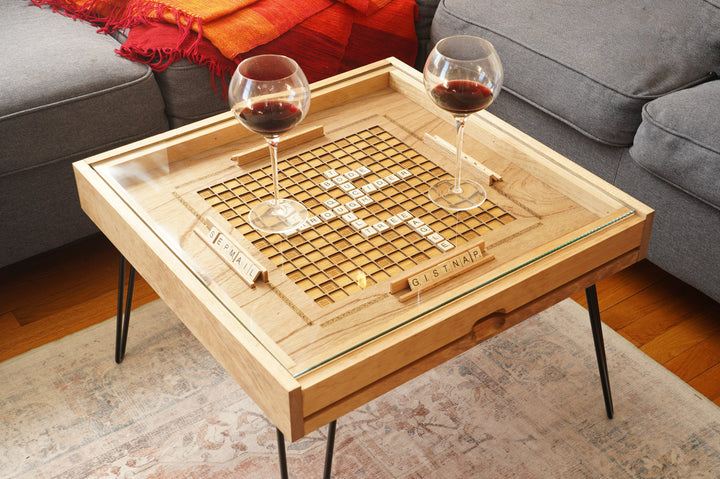 Darn Good Yarn: Rustic Scrabble Coffee Table with removable top - letter tiles included, 