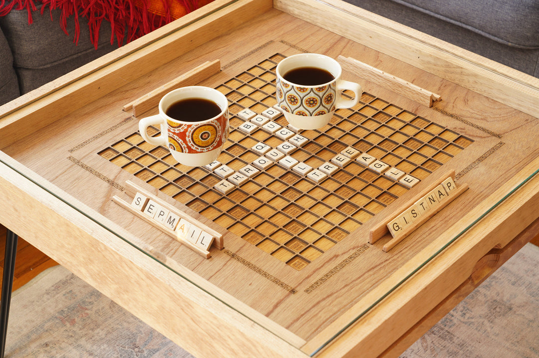 Darn Good Yarn: Rustic Scrabble Coffee Table with removable top - letter tiles included, 