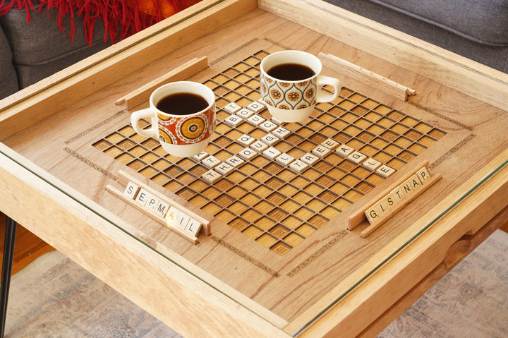 Darn Good Yarn: Rustic Scrabble Coffee Table with removable top - letter tiles included, 
