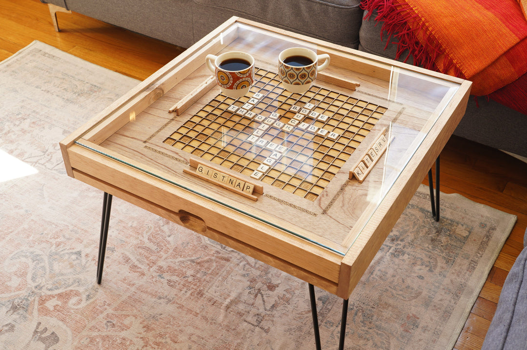 Darn Good Yarn: Rustic Scrabble Coffee Table with removable top - letter tiles included, 