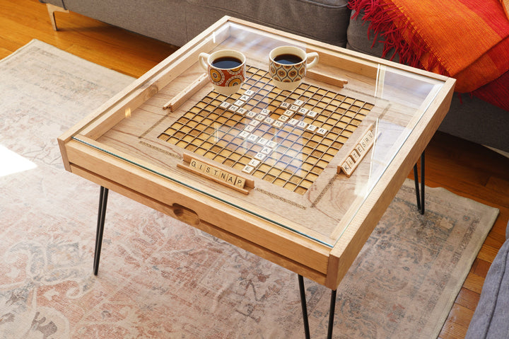 Darn Good Yarn: Rustic Scrabble Coffee Table with removable top - letter tiles included, 