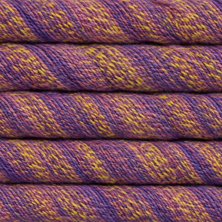 Close-up of twisted yarn strands in a heathered purple and yellow colorway, stacked horizontally.