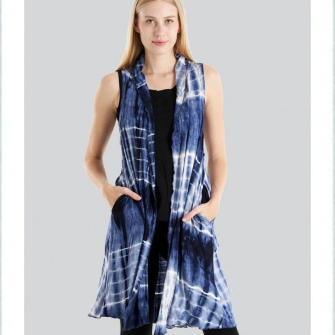 Tie- Dye long Vest -Blue /white