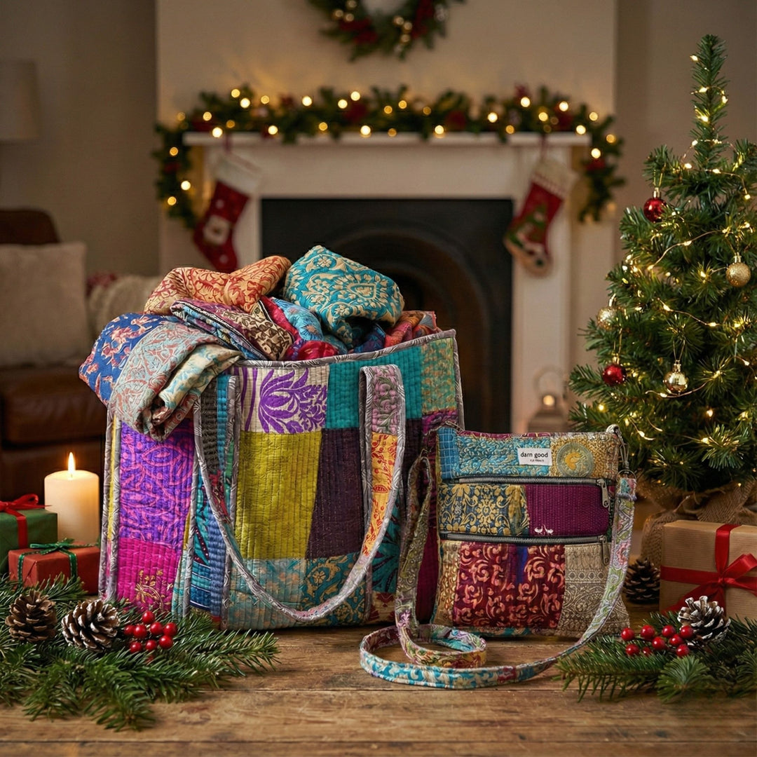 Holly Jolly Patchwork Bundle – Quilted Tote, Boho Crossbody & Recycled Sari Silk Scarf