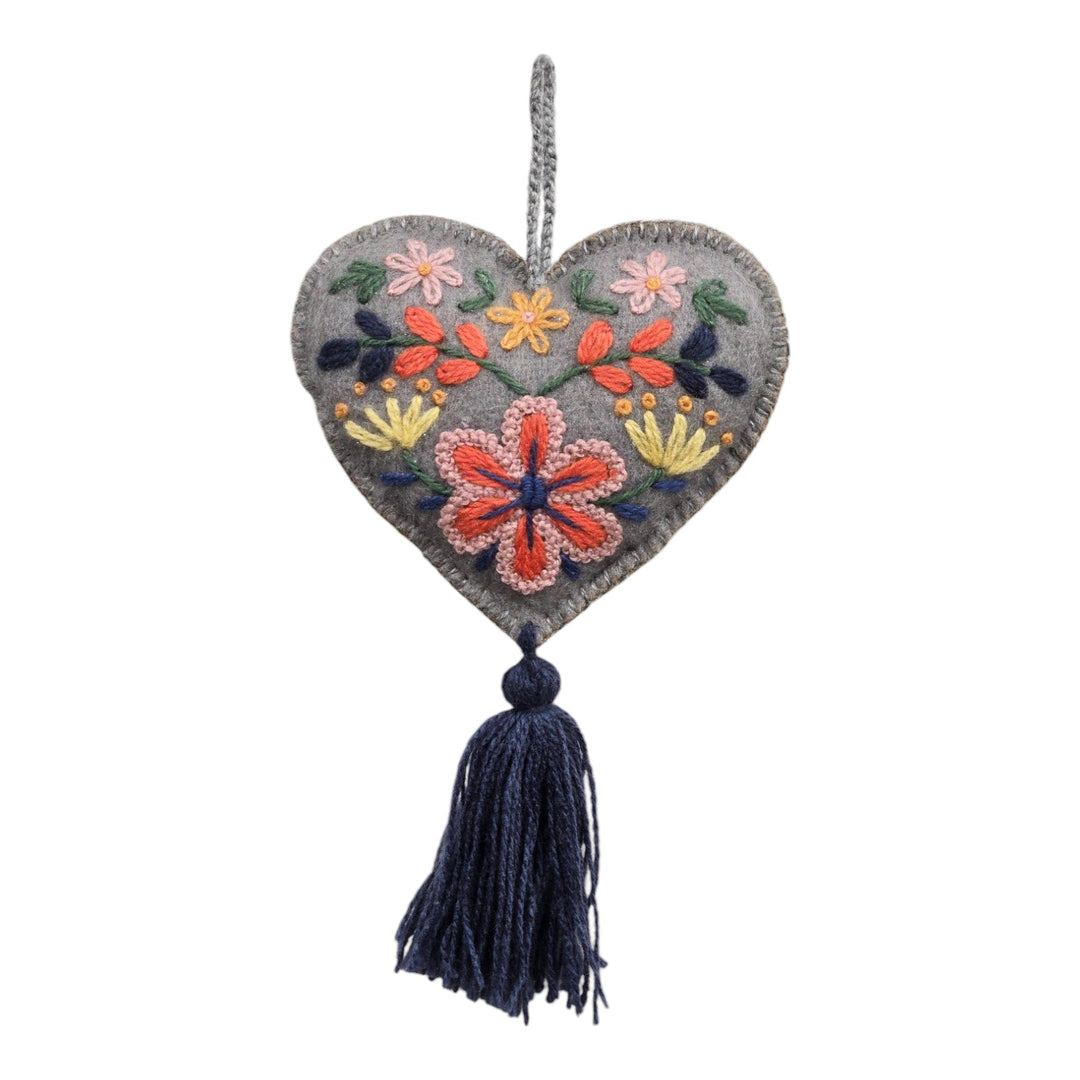 Darn Good Yarn: Embroidered Heart Sachet, Grey, Felt Ornament