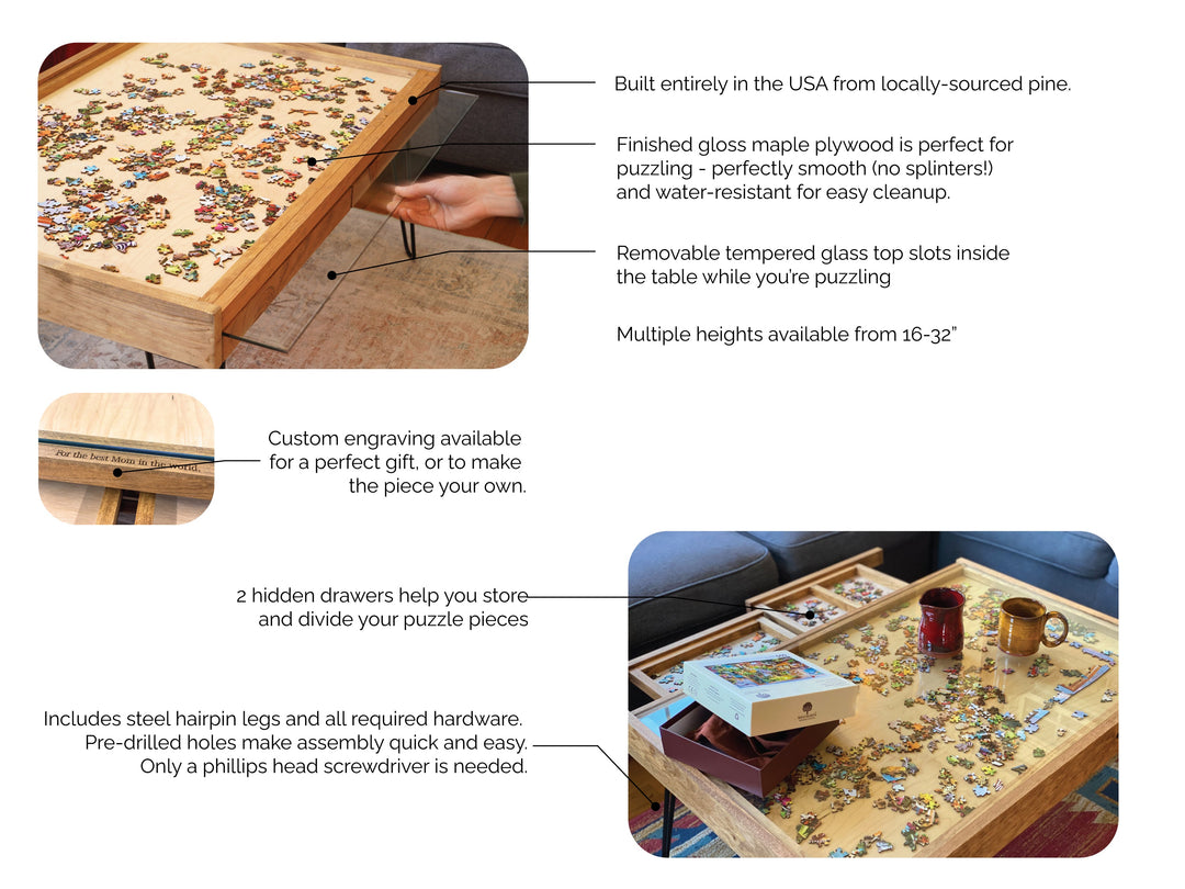 Darn Good Yarn: Rustic Puzzle Coffee Table with removable glass top - includes 2 hidden drawers - 24x36", 