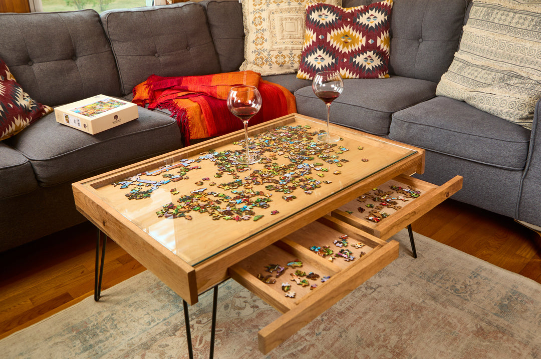 Darn Good Yarn: Rustic Puzzle Coffee Table with removable glass top - includes 2 hidden drawers - 24x36", 