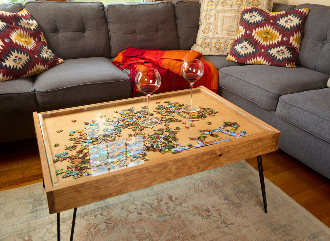 Darn Good Yarn: Rustic Puzzle Coffee Table with removable glass top - includes 2 hidden drawers - 24x36", 
