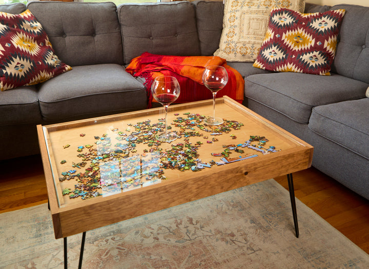 Darn Good Yarn: Rustic Puzzle Coffee Table with removable glass top - includes 2 hidden drawers - 24x36", 
