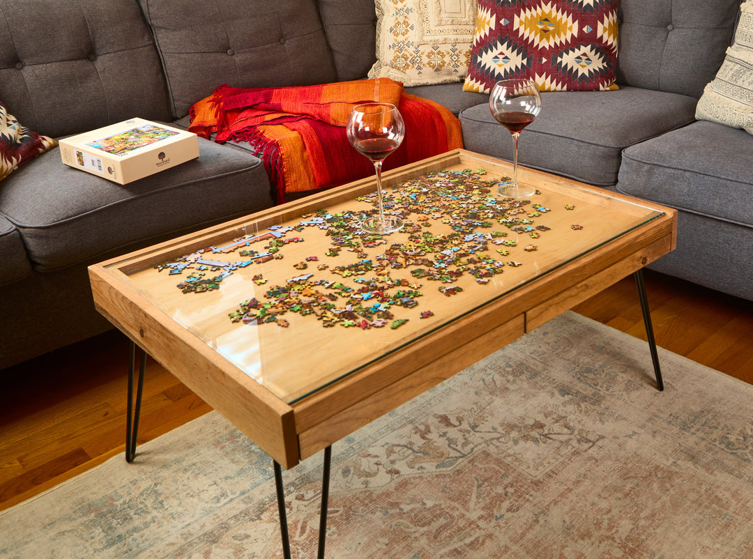 Darn Good Yarn: Rustic Puzzle Coffee Table with removable glass top - includes 2 hidden drawers - 24x36", 