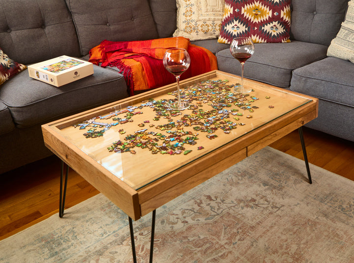 Darn Good Yarn: Rustic Puzzle Coffee Table with removable glass top - includes 2 hidden drawers - 24x36", 