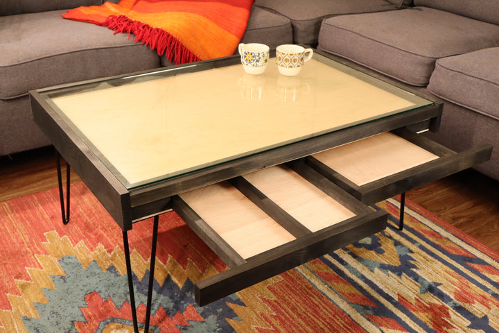Darn Good Yarn: Rustic Puzzle Coffee Table with removable glass top - includes 2 hidden drawers - 24x36", 