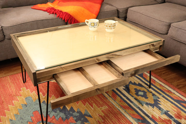 Darn Good Yarn: Rustic Puzzle Coffee Table with removable glass top - includes 2 hidden drawers - 24x36", 