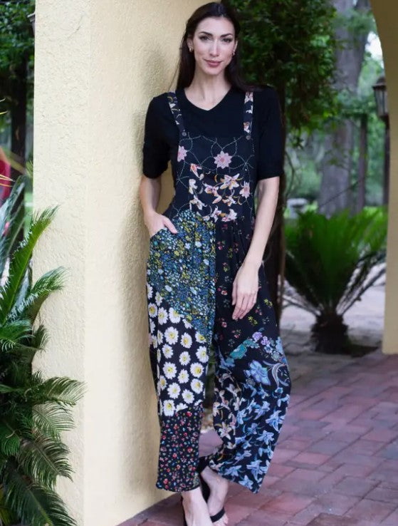Darn Good Yarn: Limited Edition: Woodstock Dreams Midnight Bloom Patchwork Overalls, Clothing and Accessories