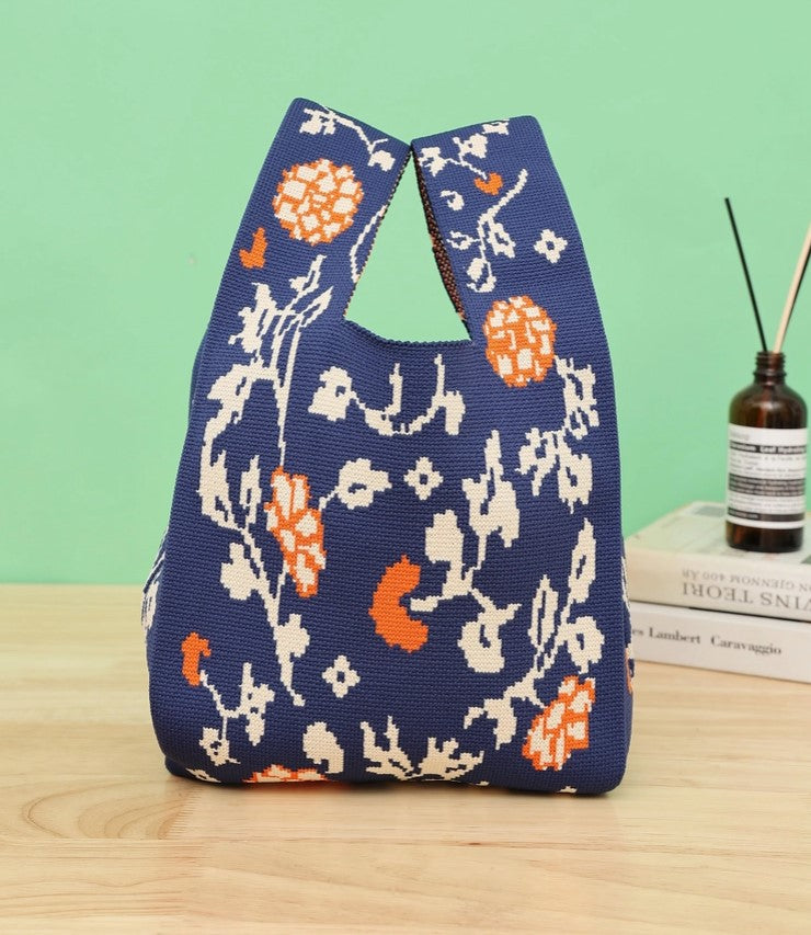 Kyoto Bloom Knot Bag — Soft Knit Handbag in Navy & Coral
