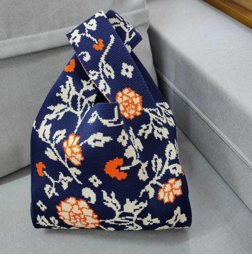 Kyoto Bloom Knot Bag — Soft Knit Handbag in Navy & Coral