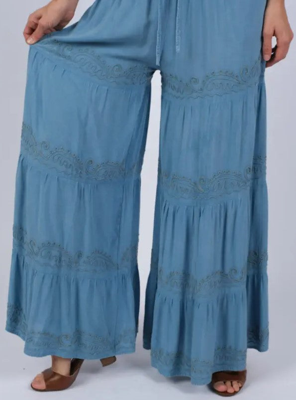 Darn Good Yarn: Limited Edition: Woodstock Dreams Artisan Bloom Embroidered Blue Pants, Clothing and Accessories