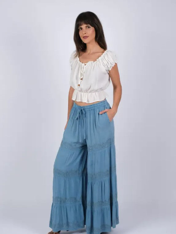 Darn Good Yarn: Limited Edition: Woodstock Dreams Artisan Bloom Embroidered Blue Pants, Clothing and Accessories
