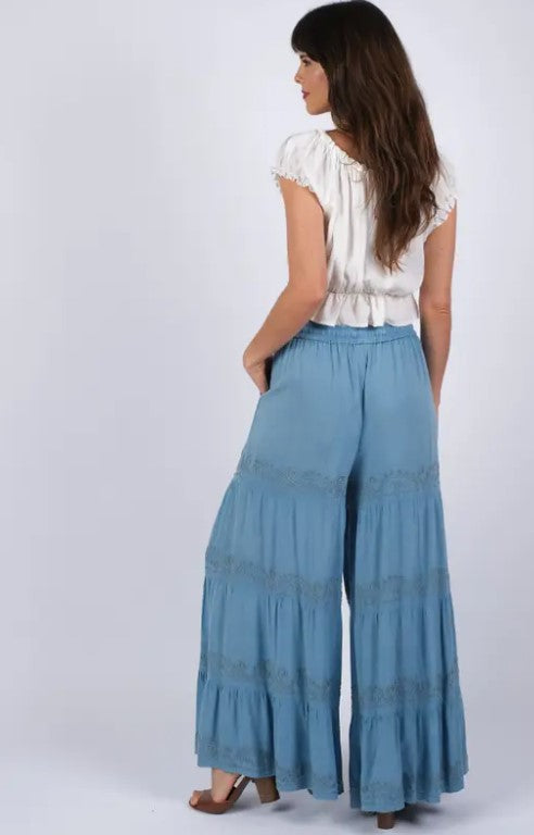 Darn Good Yarn: Limited Edition: Woodstock Dreams Artisan Bloom Embroidered Blue Pants, Clothing and Accessories