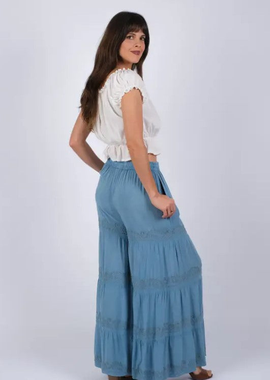 Darn Good Yarn: Limited Edition: Woodstock Dreams Artisan Bloom Embroidered Blue Pants, Clothing and Accessories