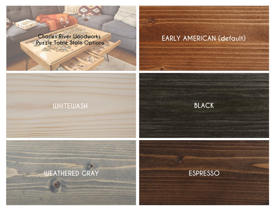 Darn Good Yarn: Rustic Puzzle Coffee Table with removable glass top - includes 2 hidden drawers - 24x36", 