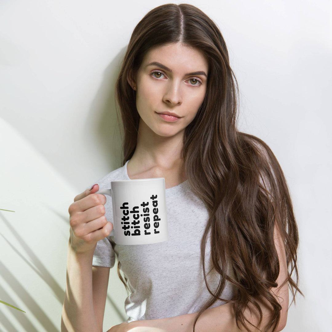 Stitch Bitch Resist Repeat White glossy mug- 20oz - Darn Good Yarn