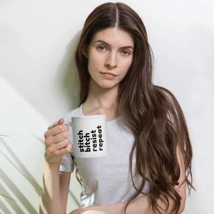 Stitch Bitch Resist Repeat White glossy mug- 20oz - Darn Good Yarn