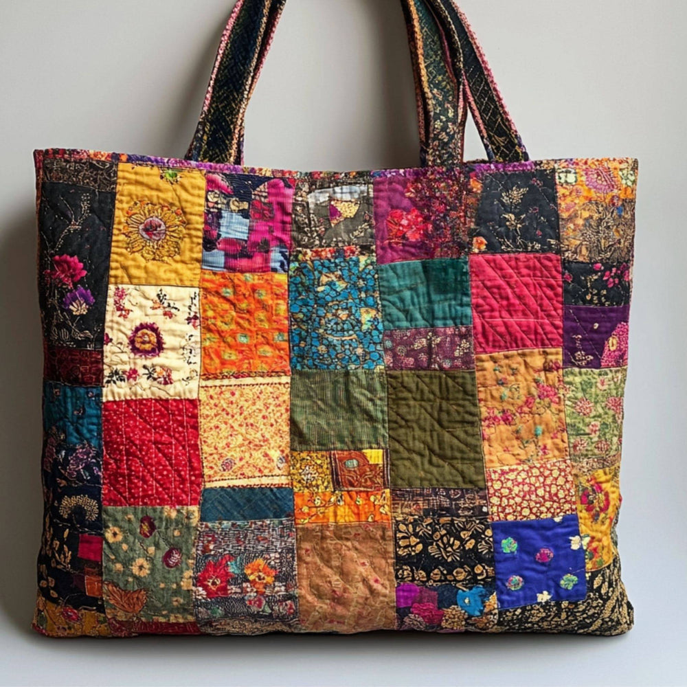 A colorful patchwork tote bag with various fabric squares in different patterns and colors, including floral and geometric designs. The bag has two handles made from similar patchwork fabric.