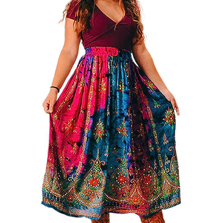 Darn Good Yarn: Limited Edition: Magic Carpet Ride Tie Dye Sequenced Long Skirt, Clothing and Accessories
