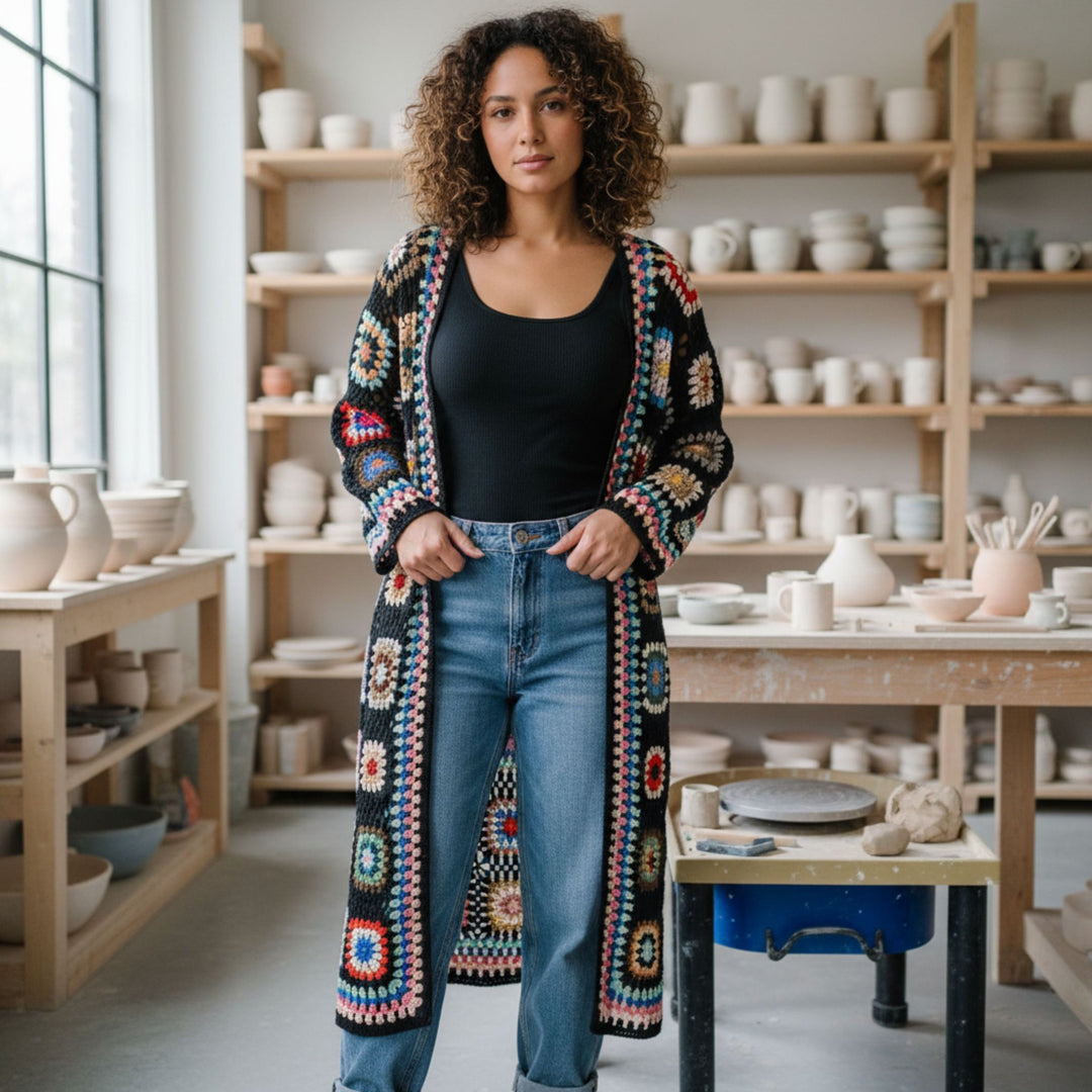 Limited Edition: Woodstock Dreams Crochet Cardigan Patch Detail- Black