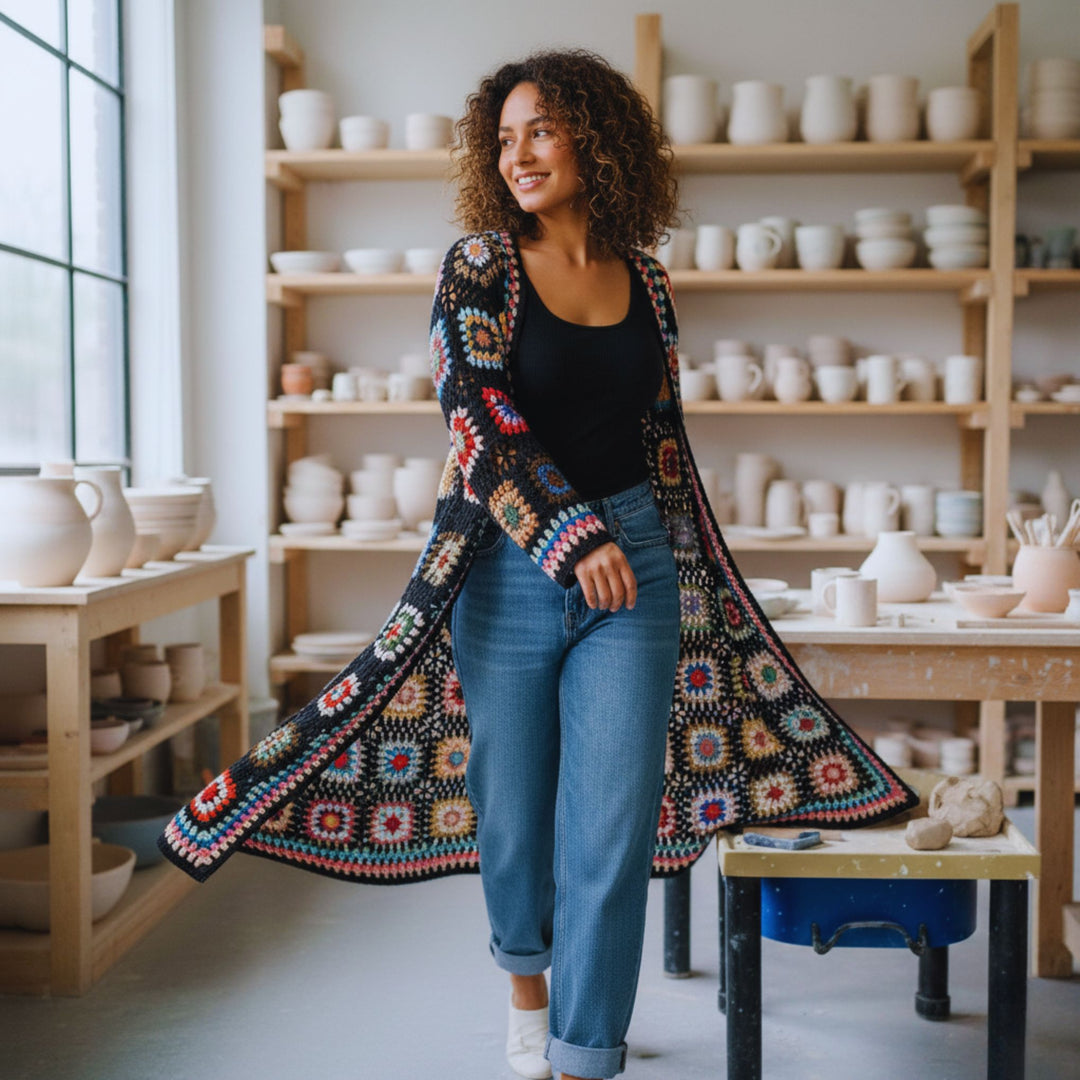 Limited Edition: Woodstock Dreams Crochet Cardigan Patch Detail- Black