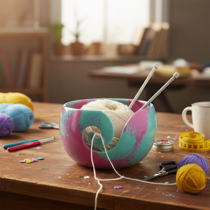 Colorful Swirls: Resin Yarn Bowl with Marbleized Finish