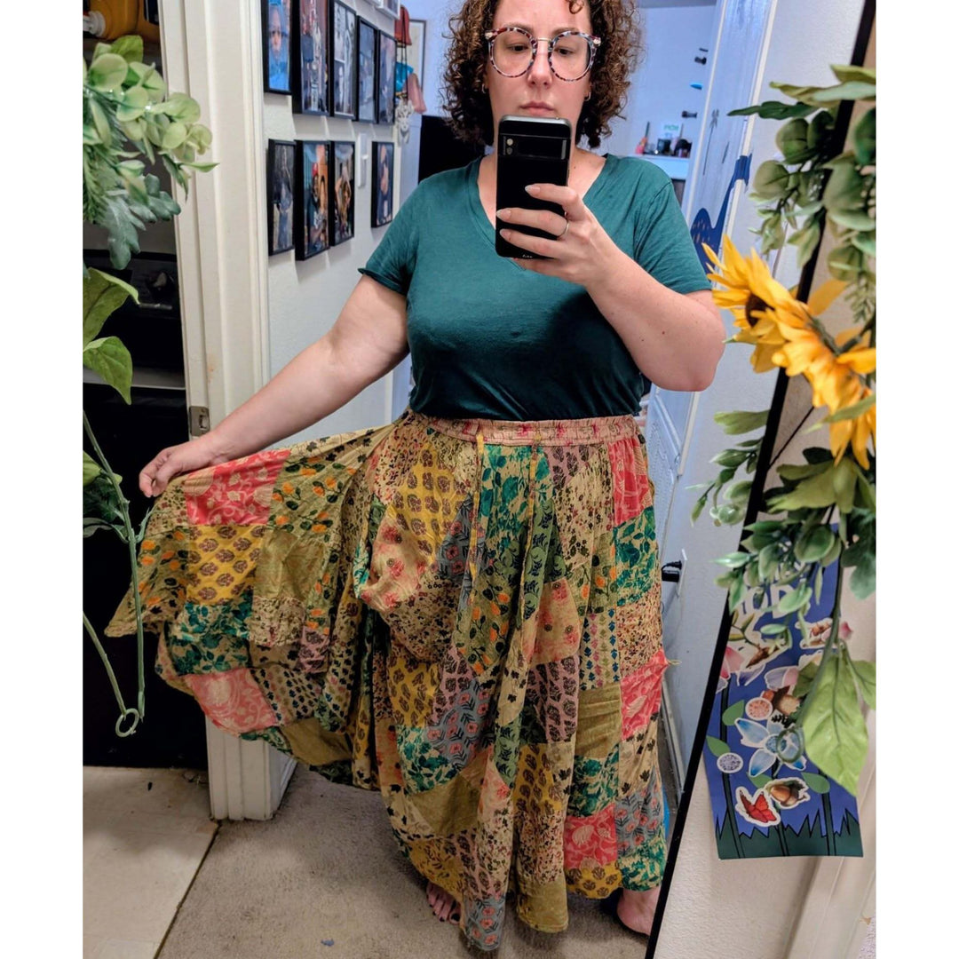 Woodstock Dreams: Cotton Patchwork Skirts with finger loops & buttons for skirt hikes