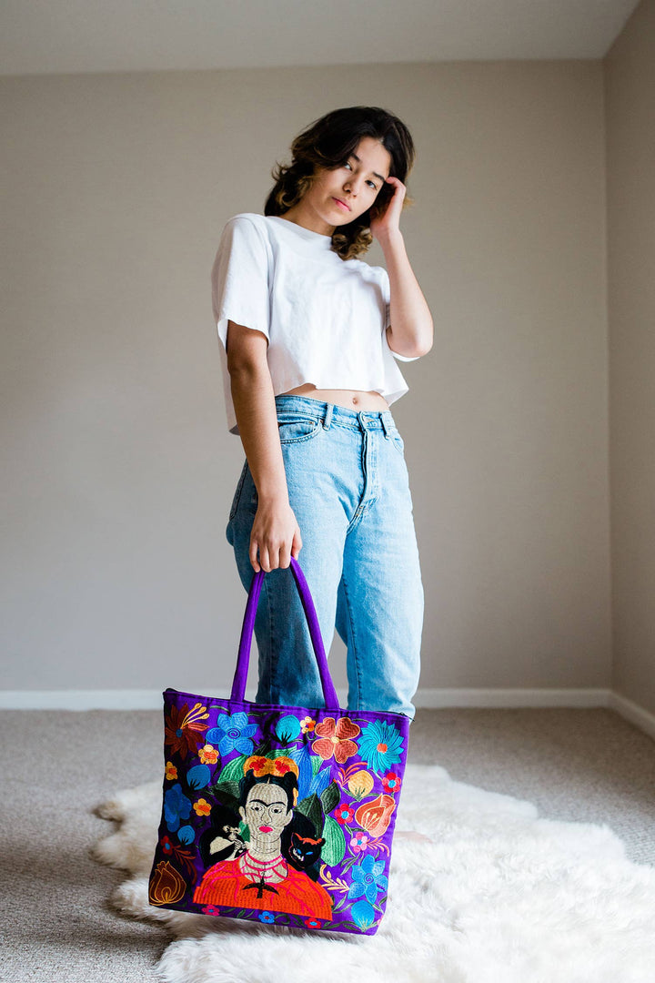 Embroidered Mexican Folk Art Tote Bag – Frida-Inspired, Assorted Designs