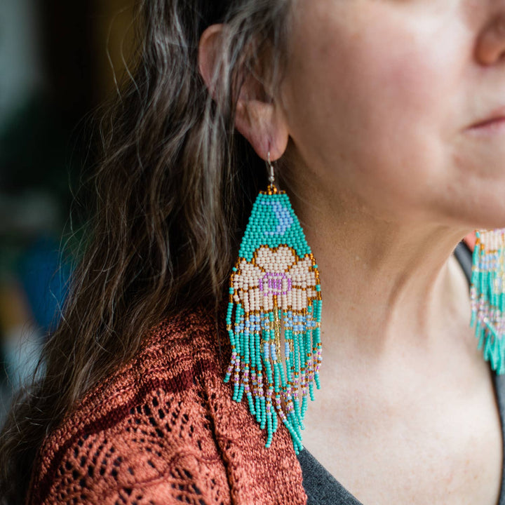 Moonflower Beaded Earrings – Turquoise, Handmade Statement Fringe