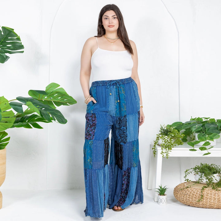 Darn Good Yarn: Limited Edition: Woodstock Dreams Retro Revival Long Flared Patchwork Pants - Indigo, Clothing and Accessories