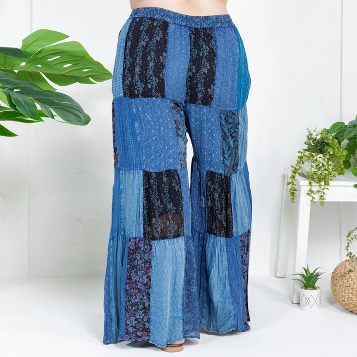 Darn Good Yarn: Limited Edition: Woodstock Dreams Retro Revival Long Flared Patchwork Pants - Indigo, Clothing and Accessories
